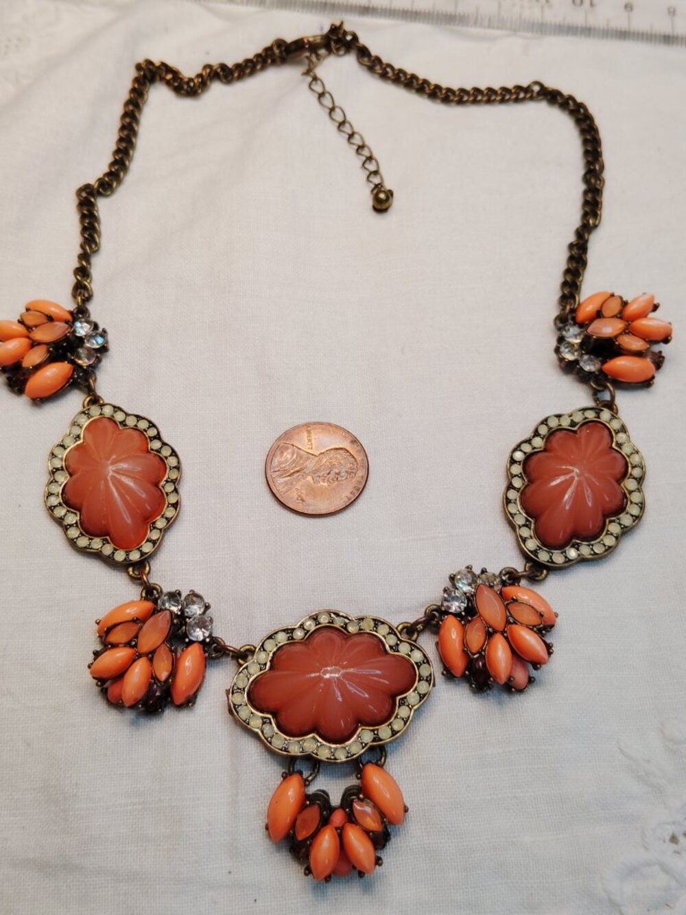 Coral Floral Statement Necklace • Resin Beads & Rhinestones • Antiqued Bronze
